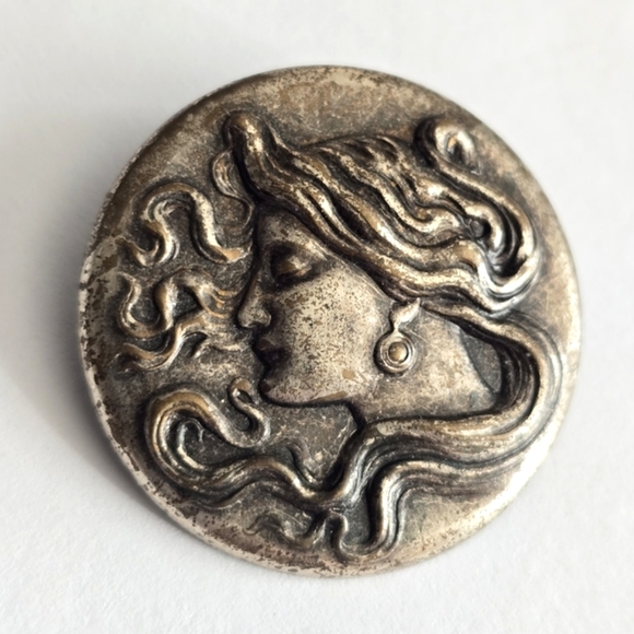 Jewelry - Art Nouveau style brooch woman with flowing hair dark silver tone pin